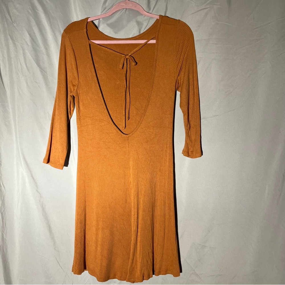High neck open back gold ribbed mini dress